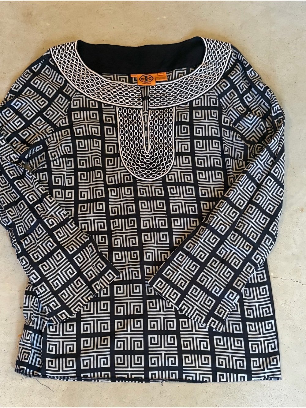 Tory Burch Navy Blue White Greek Key Eyelet Tunic Top Size 14